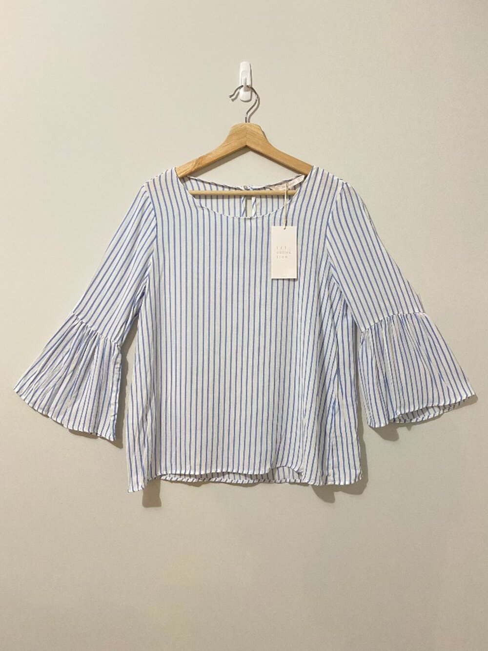 NWT Zara Trafaluc Bell Sleeve Stripe Blouse Top Blue Nautical Summer Lightweight